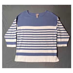 Chico's Striped 3/4 Sleeve‎ Pullover Top Blue White Size 2